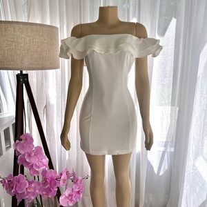 Sensemill White Bodycon Mini Dress Off-Shoulder Flounce Ruffled Sleeve Size M